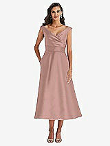 Front View Thumbnail - Neu Nude & Butter Yellow Off-the-Shoulder Draped Wrap Satin Midi Dress with Pockets