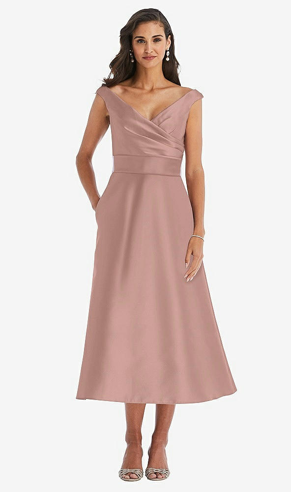 Front View - Neu Nude & Butter Yellow Off-the-Shoulder Draped Wrap Satin Midi Dress with Pockets
