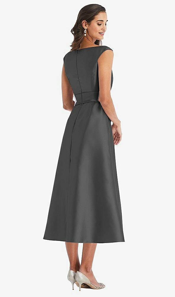 Back View - Pewter & Butter Yellow Off-the-Shoulder Draped Wrap Satin Midi Dress with Pockets