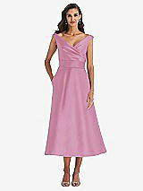 Front View Thumbnail - Powder Pink & Butter Yellow Off-the-Shoulder Draped Wrap Satin Midi Dress with Pockets