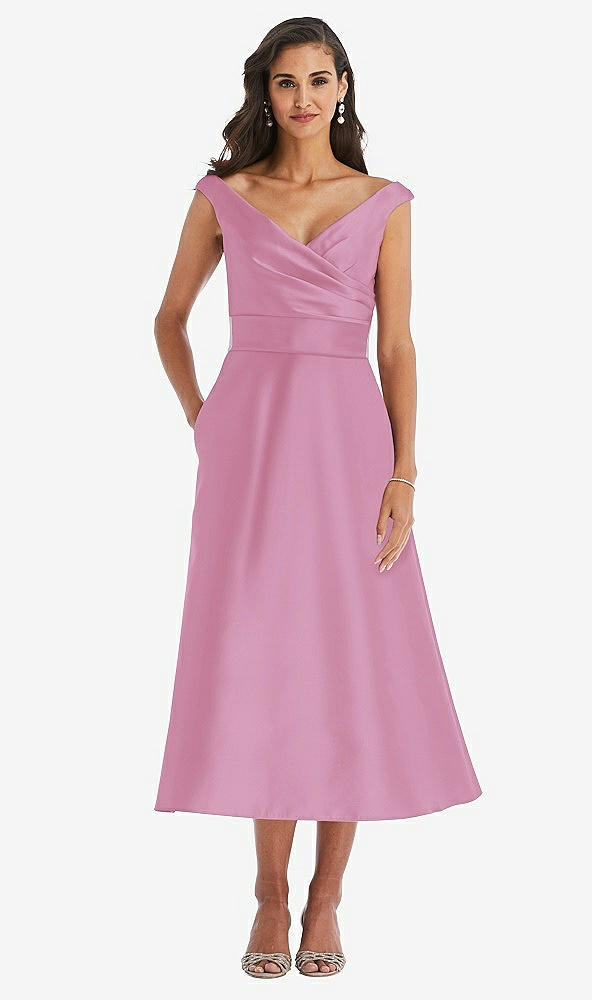 Front View - Powder Pink & Butter Yellow Off-the-Shoulder Draped Wrap Satin Midi Dress with Pockets