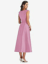 Rear View Thumbnail - Powder Pink & Butter Yellow Off-the-Shoulder Draped Wrap Satin Midi Dress with Pockets