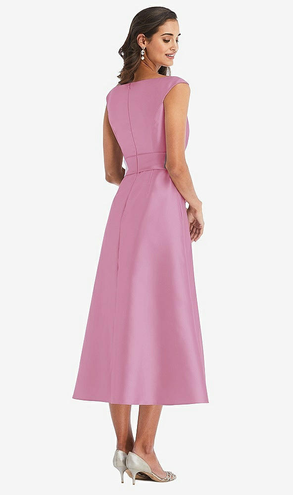 Back View - Powder Pink & Butter Yellow Off-the-Shoulder Draped Wrap Satin Midi Dress with Pockets