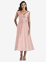 Front View Thumbnail - Rose & Butter Yellow Off-the-Shoulder Draped Wrap Satin Midi Dress with Pockets