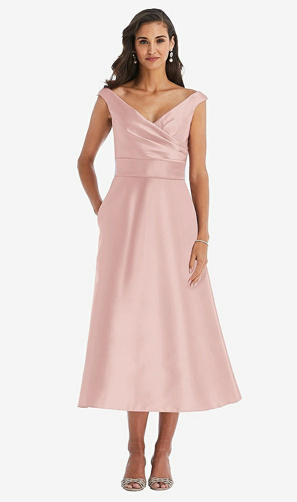 Front View - Rose & Butter Yellow Off-the-Shoulder Draped Wrap Satin Midi Dress with Pockets