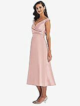 Side View Thumbnail - Rose & Butter Yellow Off-the-Shoulder Draped Wrap Satin Midi Dress with Pockets