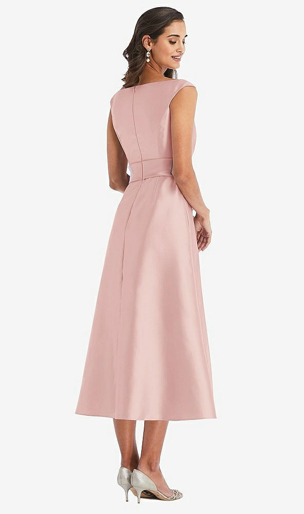 Back View - Rose & Butter Yellow Off-the-Shoulder Draped Wrap Satin Midi Dress with Pockets