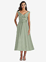 Front View Thumbnail - Sage & Butter Yellow Off-the-Shoulder Draped Wrap Satin Midi Dress with Pockets