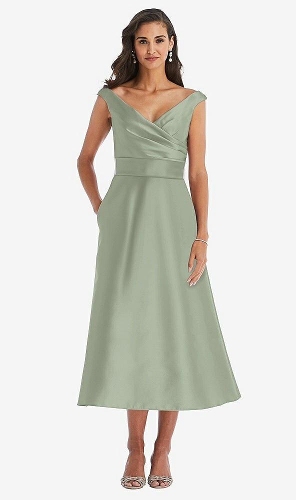Front View - Sage & Butter Yellow Off-the-Shoulder Draped Wrap Satin Midi Dress with Pockets