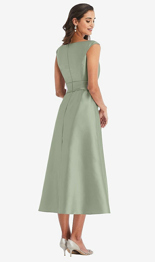Back View - Sage & Butter Yellow Off-the-Shoulder Draped Wrap Satin Midi Dress with Pockets
