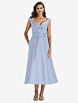 Front View Thumbnail - Sky Blue & Butter Yellow Off-the-Shoulder Draped Wrap Satin Midi Dress with Pockets