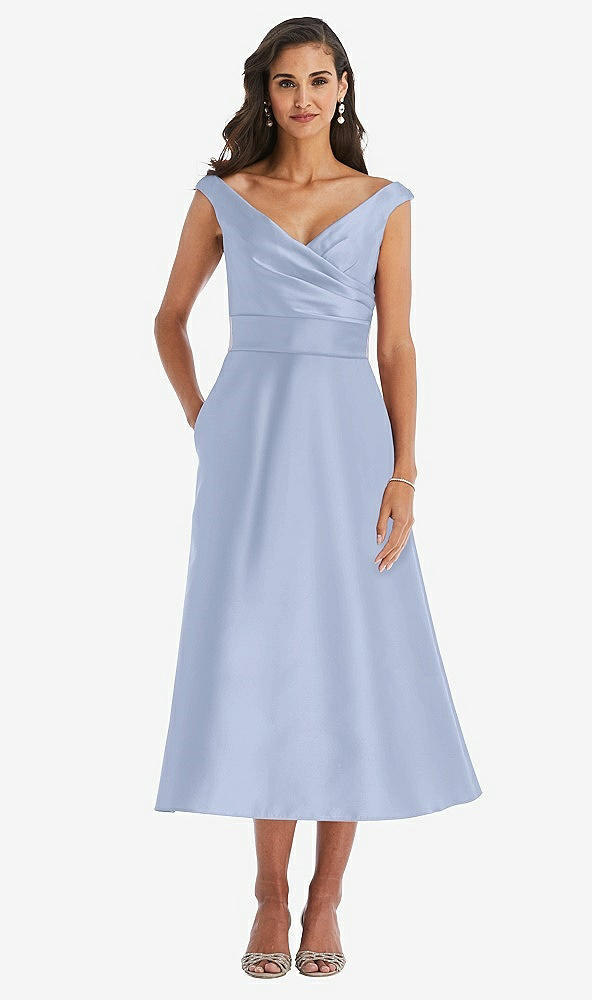 Front View - Sky Blue & Butter Yellow Off-the-Shoulder Draped Wrap Satin Midi Dress with Pockets