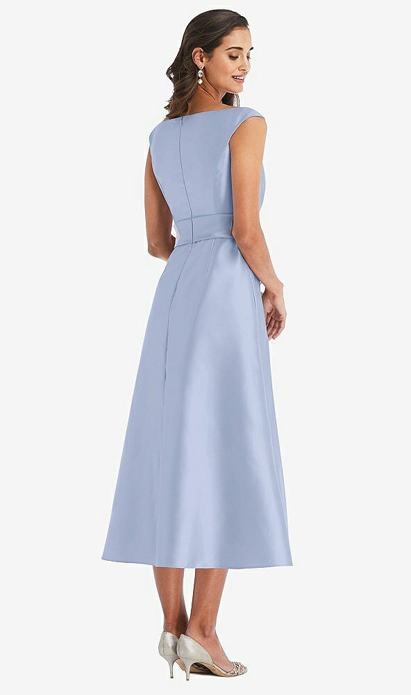 Back View - Sky Blue & Butter Yellow Off-the-Shoulder Draped Wrap Satin Midi Dress with Pockets