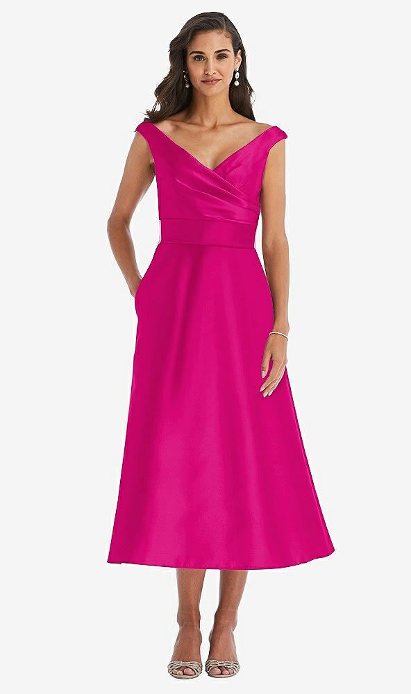 Front View - Think Pink & Butter Yellow Off-the-Shoulder Draped Wrap Satin Midi Dress with Pockets