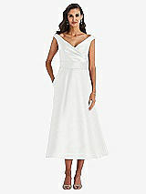 Front View Thumbnail - White & Butter Yellow Off-the-Shoulder Draped Wrap Satin Midi Dress with Pockets