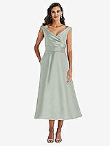 Front View Thumbnail - Willow Green & Butter Yellow Off-the-Shoulder Draped Wrap Satin Midi Dress with Pockets