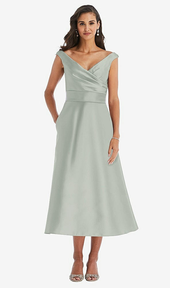 Front View - Willow Green & Butter Yellow Off-the-Shoulder Draped Wrap Satin Midi Dress with Pockets