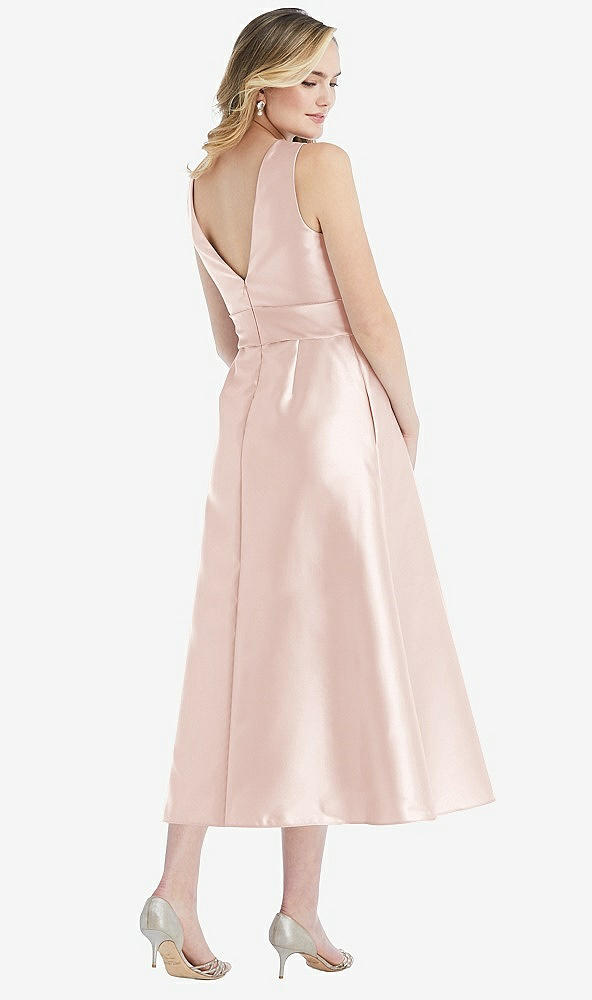 Back View - Blush & Blush High-Neck Asymmetrical Shirred Satin Midi Dress with Pockets