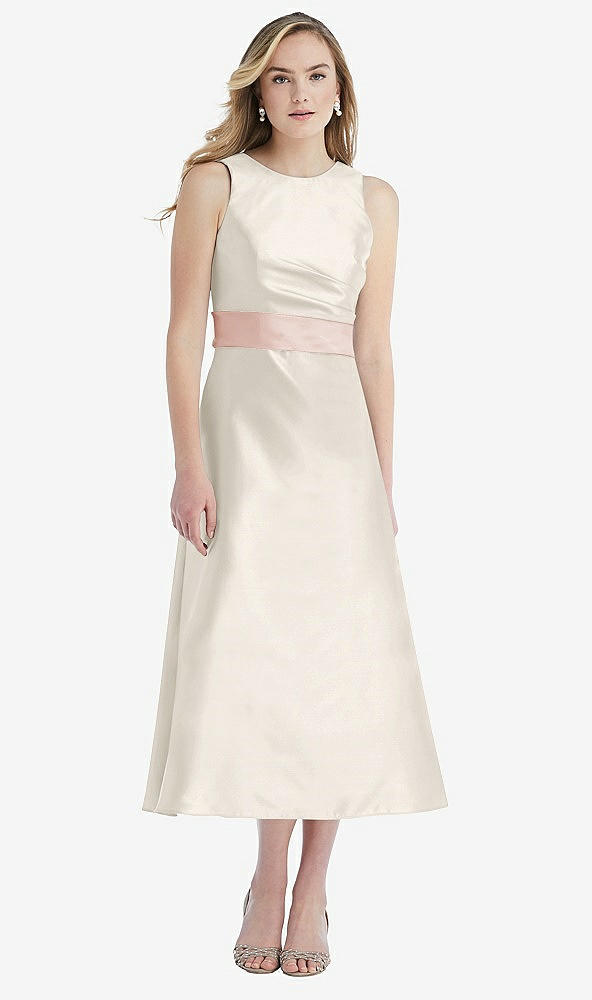 Front View - Ivory & Blush High-Neck Asymmetrical Shirred Satin Midi Dress with Pockets
