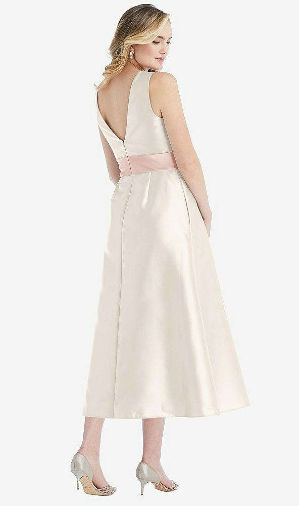 Back View - Ivory & Blush High-Neck Asymmetrical Shirred Satin Midi Dress with Pockets