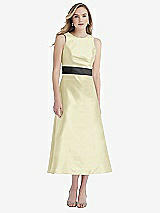 Front View Thumbnail - Butter Yellow & Pewter High-Neck Asymmetrical Shirred Satin Midi Dress with Pockets