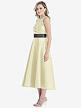 Side View Thumbnail - Butter Yellow & Pewter High-Neck Asymmetrical Shirred Satin Midi Dress with Pockets