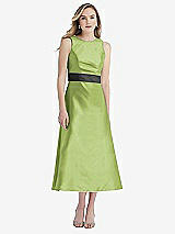 Front View Thumbnail - Mojito & Pewter High-Neck Asymmetrical Shirred Satin Midi Dress with Pockets