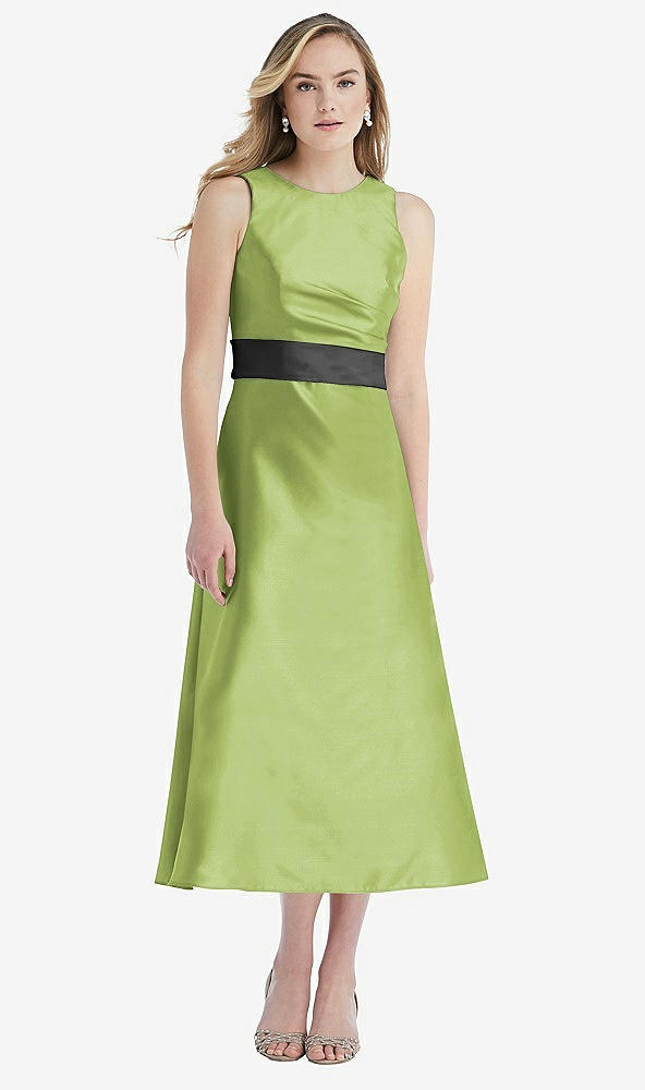 Front View - Mojito & Pewter High-Neck Asymmetrical Shirred Satin Midi Dress with Pockets
