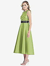 Side View Thumbnail - Mojito & Pewter High-Neck Asymmetrical Shirred Satin Midi Dress with Pockets