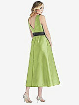 Rear View Thumbnail - Mojito & Pewter High-Neck Asymmetrical Shirred Satin Midi Dress with Pockets