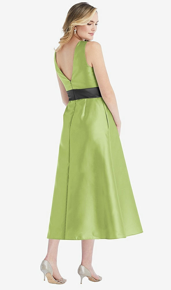 Back View - Mojito & Pewter High-Neck Asymmetrical Shirred Satin Midi Dress with Pockets
