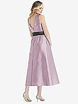 Rear View Thumbnail - Suede Rose & Pewter High-Neck Asymmetrical Shirred Satin Midi Dress with Pockets