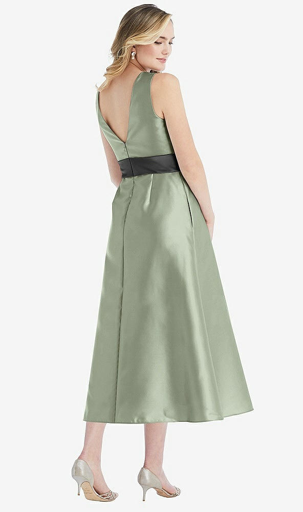 Back View - Sage & Pewter High-Neck Asymmetrical Shirred Satin Midi Dress with Pockets