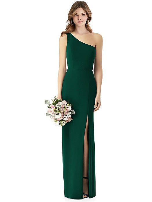 One-Shoulder Crepe Trumpet Gown with Front Slit