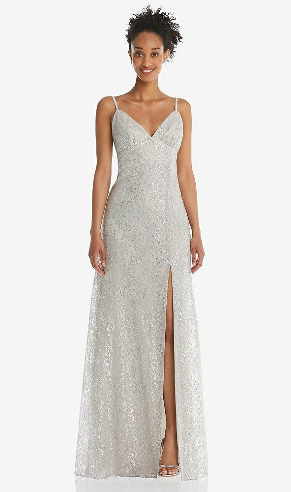 Front View - Oyster V-Neck Metallic Lace Maxi Dress with Adjustable Straps