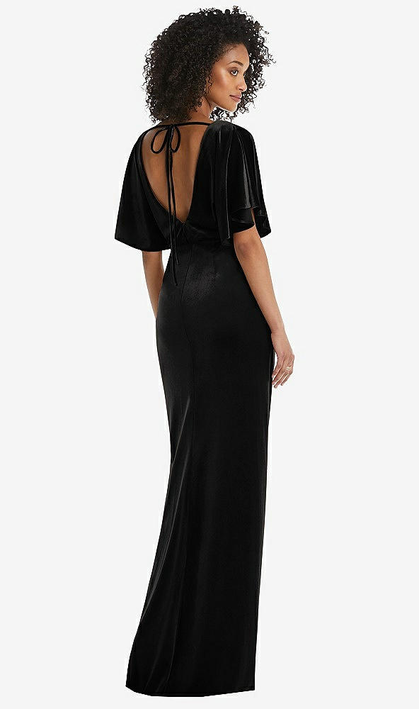 Back View - Black Flutter Sleeve Open-Back Velvet Maxi Dress with Draped Wrap Skirt