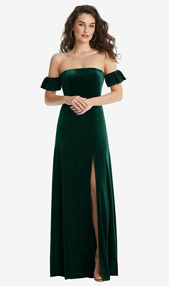 Front View - Evergreen Ruffle Sleeve Off-the-Shoulder Velvet Maxi Dress