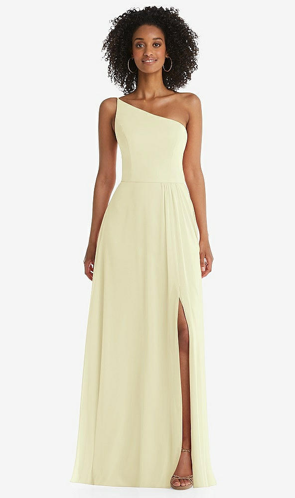 Front View - Butter Yellow One-Shoulder Chiffon Maxi Dress with Shirred Front Slit