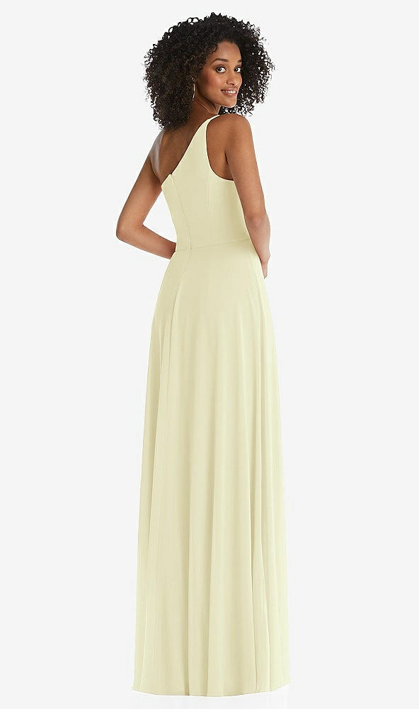 Back View - Butter Yellow One-Shoulder Chiffon Maxi Dress with Shirred Front Slit