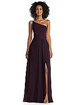 Front View Thumbnail - Deep Plum One-Shoulder Chiffon Maxi Dress with Shirred Front Slit