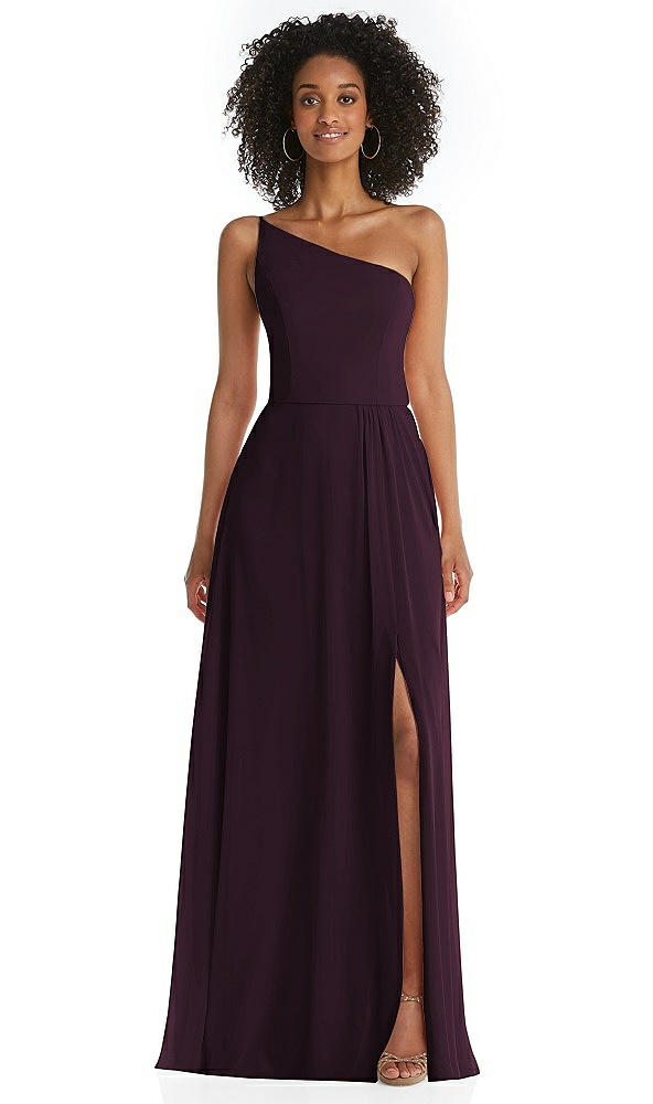 Front View - Deep Plum One-Shoulder Chiffon Maxi Dress with Shirred Front Slit