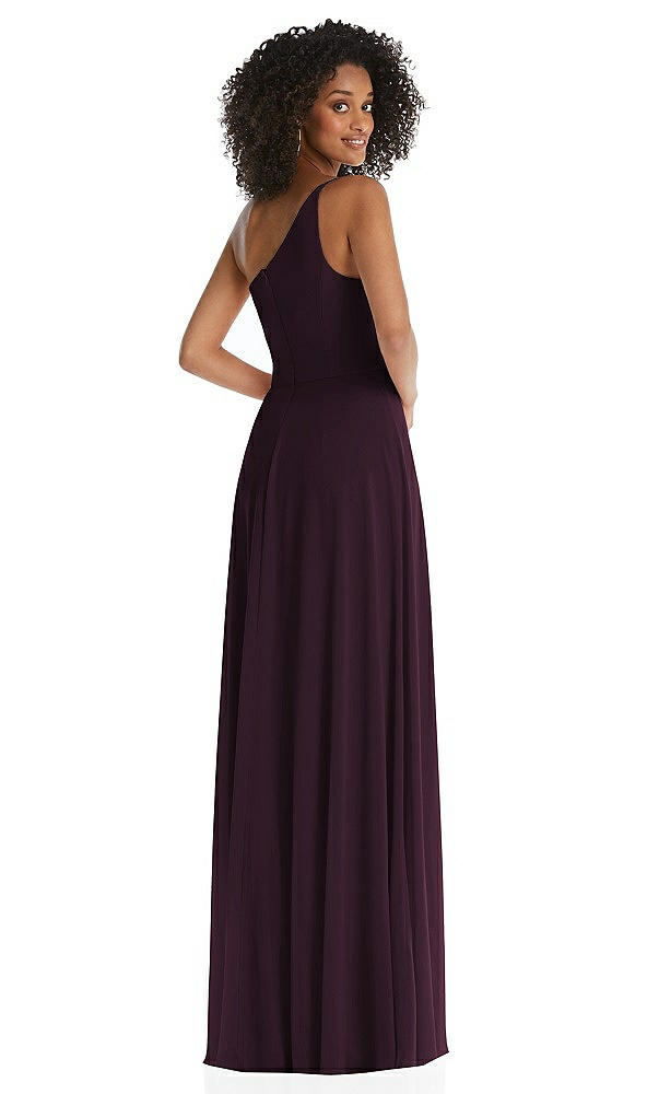 Back View - Deep Plum One-Shoulder Chiffon Maxi Dress with Shirred Front Slit