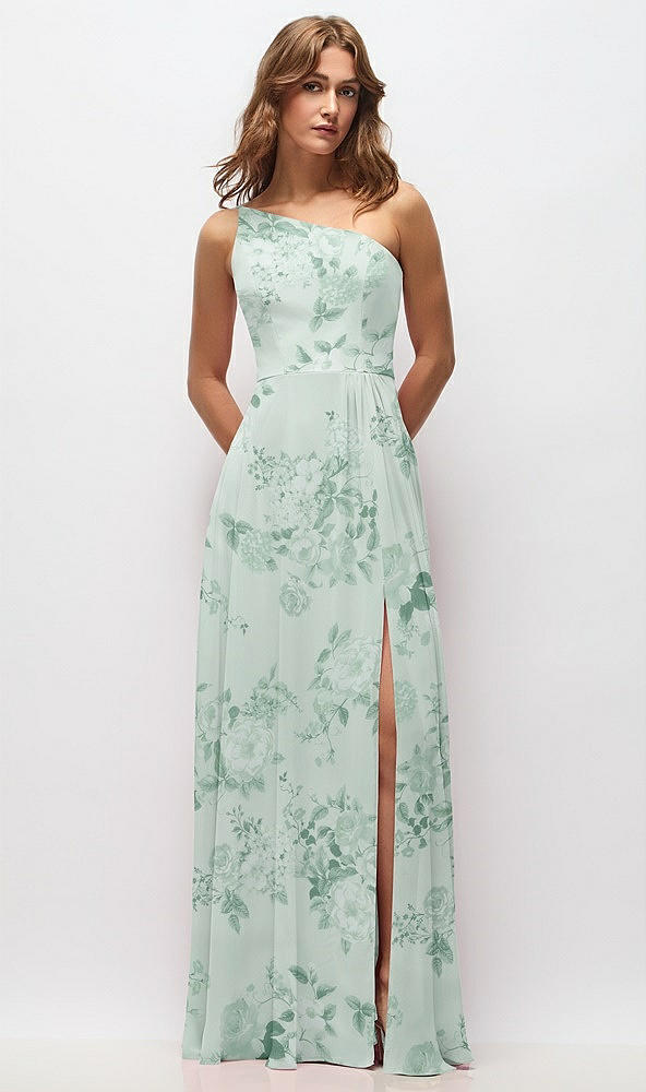 Front View - Mint Green Floral One-Shoulder Chiffon Maxi Dress with Shirred Front Slit