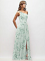 Side View Thumbnail - Mint Green Floral One-Shoulder Chiffon Maxi Dress with Shirred Front Slit