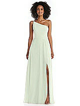 Front View Thumbnail - Mint Green One-Shoulder Chiffon Maxi Dress with Shirred Front Slit
