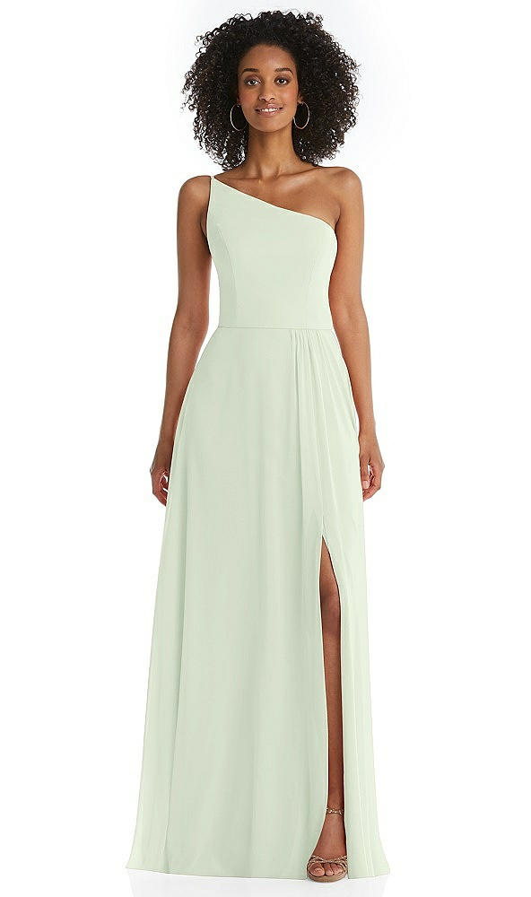 Front View - Mint Green One-Shoulder Chiffon Maxi Dress with Shirred Front Slit