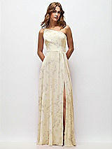 Front View Thumbnail - Butter Yellow Floral One-Shoulder Chiffon Maxi Dress with Shirred Front Slit