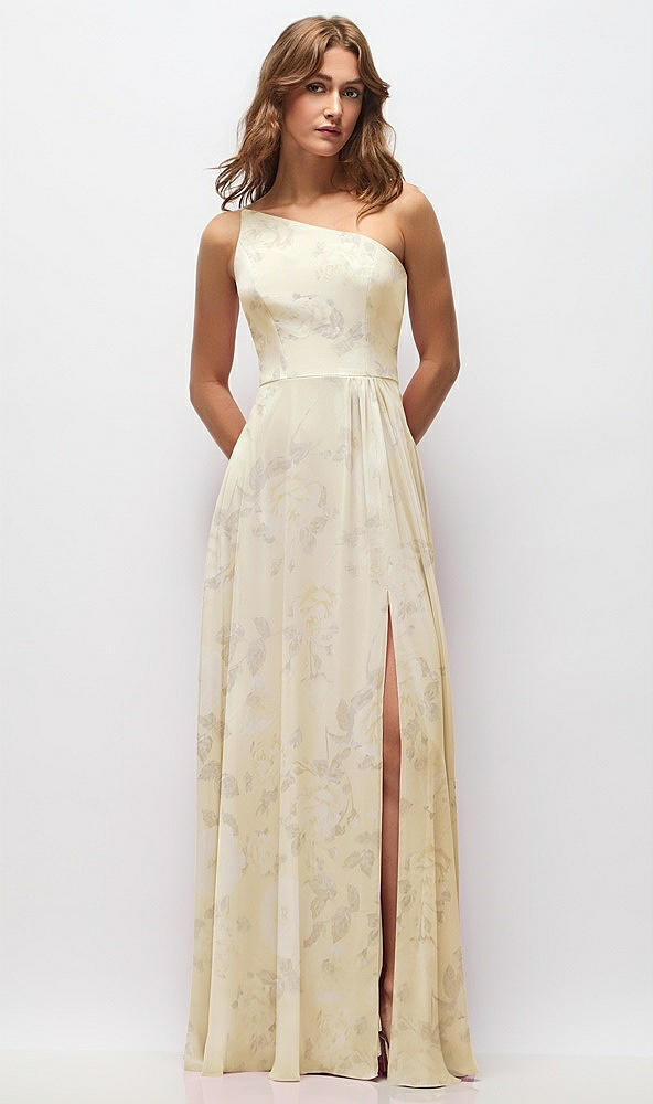 Front View - Butter Yellow Floral One-Shoulder Chiffon Maxi Dress with Shirred Front Slit
