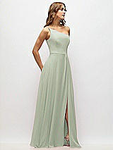 Alt View 2 Thumbnail - Celadon One-Shoulder Chiffon Maxi Dress with Shirred Front Slit