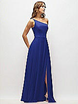 Alt View 2 Thumbnail - Cobalt Blue One-Shoulder Chiffon Maxi Dress with Shirred Front Slit